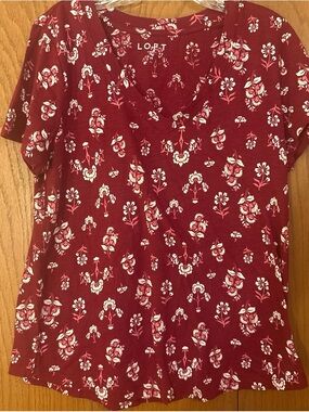 LOFT Burgundy Floral V-Neck Short Sleeve Tee